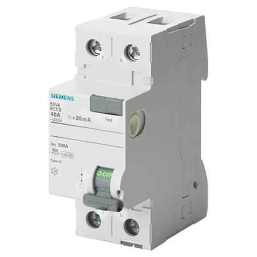 5SV4314-0GV01 - Interrupteur différentiel, 2-pôle, Type AC, In: 40 A, 30 mA, Un AC: 230 V, grand emballage 36 pièces