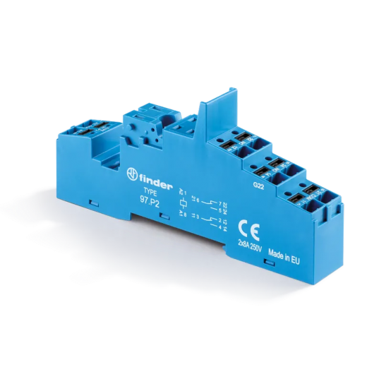 Finder 97P2SPA - Socket with non-centered Push-IN terminals for relay 46.52; Modules 86.30, 99.02 are used; Included plastic clip 097.01; Version: Blue