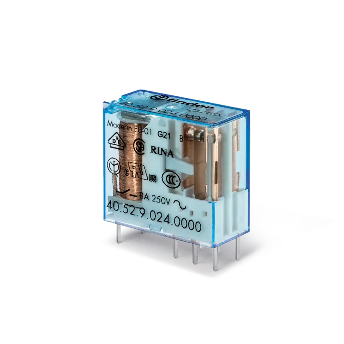 405270240000 - Relais électromécanique universel miniature; Installation sur circuit imprimé ou dans une prise; découvertes par incréments de 5 mm ; 2CO 8A; Contacts AGNI ; Bobine 24V DC (sensibilité); Degré de protection du RTII - Finder - 0
