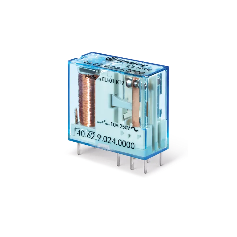 406270244000 - Relais électromécanique universel miniature; Installation sur circuit imprimé ou dans une prise; découvertes par incréments de 5 mm ; 2CO 10A ; contacts AGSNO2 ; Bobine 24V DC (sensibilité); Degré de protection du RTII - Finder - 0